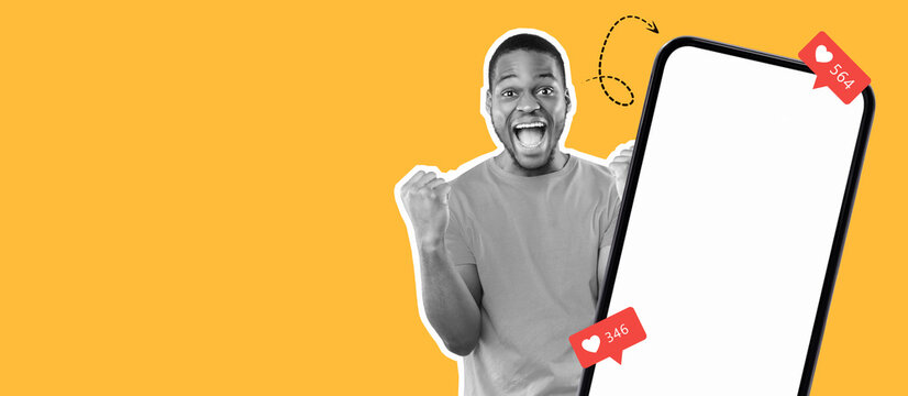 A cheerful man joyfully expresses excitement while looking at his smartphone with notifications popping up. The vibrant yellow backdrop enhances the lively atmosphere of the scene.