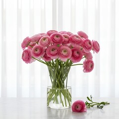 A bouquet of flowering ranunculus pink on a light background. Rich buttercup buds.A beautiful arrangement of pink ranunculus flowers in a vase. generative ai	