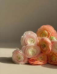 A bouquet of flowering ranunculus pink on a light background. Rich buttercup buds.A beautiful arrangement of pink ranunculus flowers in a vase. generative ai	