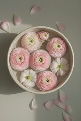 A bouquet of flowering ranunculus pink on a light background. Rich buttercup buds.A beautiful arrangement of pink ranunculus flowers in a vase. generative ai	