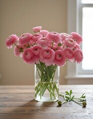 A bouquet of flowering ranunculus pink on a light background. Rich buttercup buds.A beautiful arrangement of pink ranunculus flowers in a vase. generative ai	
