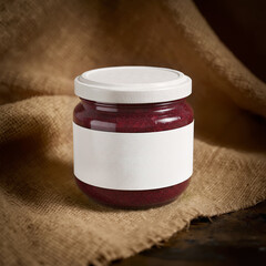 Glass jar with jam on fabric background
