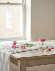 A bouquet of flowering ranunculus pink on a light background. Rich buttercup buds.A beautiful arrangement of pink ranunculus flowers in a vase. generative ai	