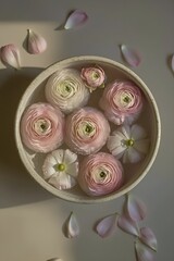A bouquet of flowering ranunculus pink on a light background. Rich buttercup buds.A beautiful arrangement of pink ranunculus flowers in a vase. generative ai	