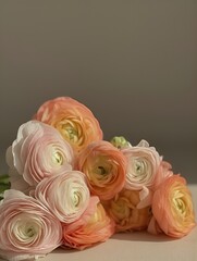 A bouquet of flowering ranunculus pink on a light background. Rich buttercup buds.A beautiful arrangement of pink ranunculus flowers in a vase. generative ai	