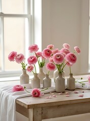 A bouquet of flowering ranunculus pink on a light background. Rich buttercup buds.A beautiful arrangement of pink ranunculus flowers in a vase. generative ai	