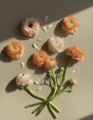 A bouquet of flowering ranunculus pink on a light background. Rich buttercup buds.A beautiful arrangement of pink ranunculus flowers in a vase. generative ai	