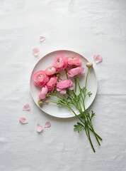 A bouquet of flowering ranunculus pink on a light background. Rich buttercup buds.A beautiful arrangement of pink ranunculus flowers in a vase. generative ai	