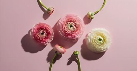 A bouquet of flowering ranunculus pink on a light background. Rich buttercup buds.A beautiful arrangement of pink ranunculus flowers in a vase. generative ai	