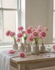 A bouquet of flowering ranunculus pink on a light background. Rich buttercup buds.A beautiful arrangement of pink ranunculus flowers in a vase. generative ai	