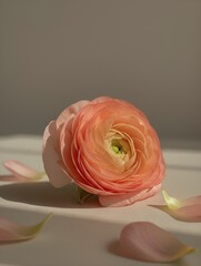 A bouquet of flowering ranunculus pink on a light background. Rich buttercup buds.A beautiful arrangement of pink ranunculus flowers in a vase. generative ai	