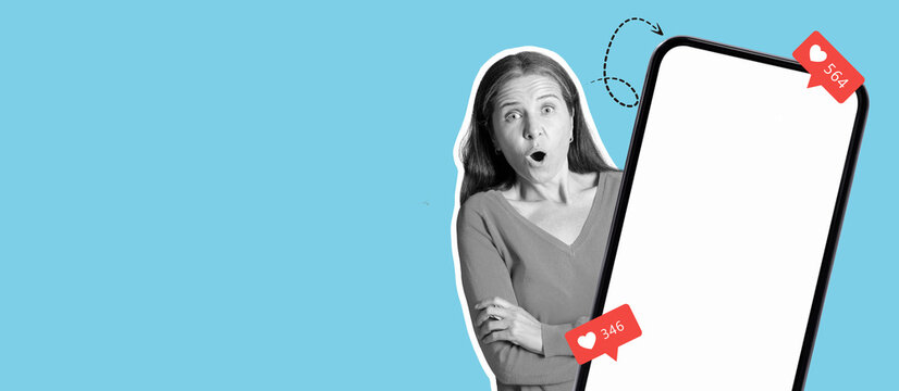A woman expresses surprise at seeing numerous notifications on her mobile phone. The colorful background highlights the excitement of social media engagement, capturing a modern digital experience.