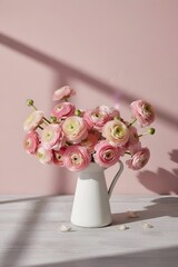 A bouquet of flowering ranunculus pink on a light background. Rich buttercup buds.A beautiful arrangement of pink ranunculus flowers in a vase. generative ai	