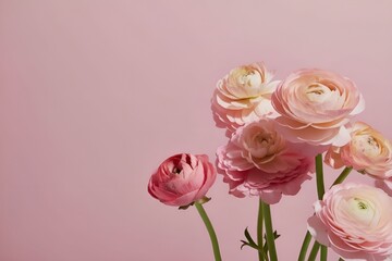 A bouquet of flowering ranunculus pink on a light background. Rich buttercup buds.A beautiful arrangement of pink ranunculus flowers in a vase. generative ai	