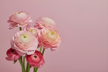 A bouquet of flowering ranunculus pink on a light background. Rich buttercup buds.A beautiful arrangement of pink ranunculus flowers in a vase. generative ai	