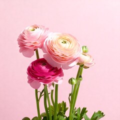 A bouquet of flowering ranunculus pink on a light background. Rich buttercup buds.A beautiful arrangement of pink ranunculus flowers in a vase. generative ai	