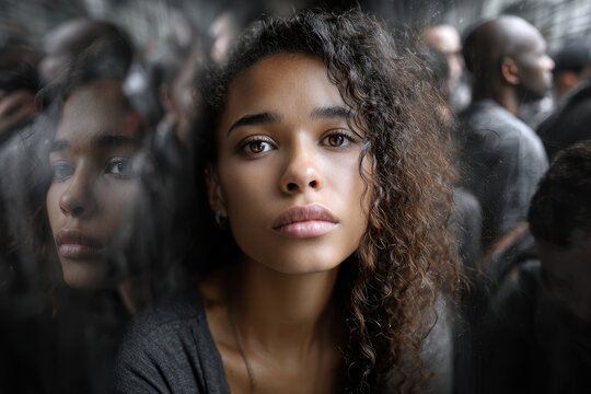 Young woman gazes thoughtfully in a crowded urban setting with a reflective background