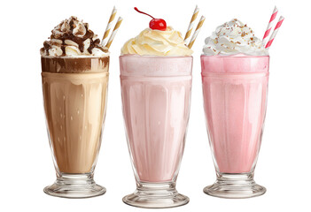 Three milkshake glasses, chocolate, vanilla, and strawberry flavors
