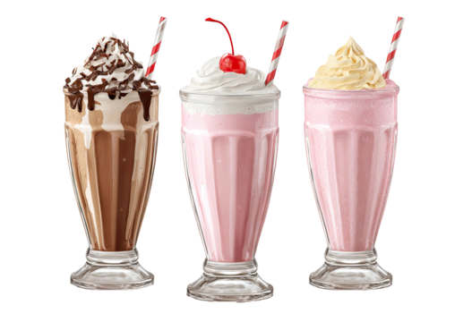 Three milkshakes in clear glasses.  Chocolate, strawberry, and vanilla flavors, topped with whipped cream and cherries