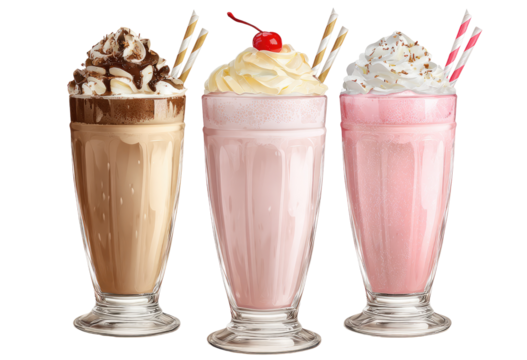Three milkshake glasses, chocolate, vanilla, and strawberry flavors