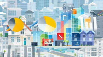 Abstract illustration of a real estate market analysis with houses, pie charts, urban skyline, and data visualization elements, symbolizing business, investment, and statistics in property market. - Powered by Adobe