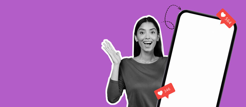 A lively collage features a woman joyfully waving next to a smartphone displaying likes and comments. It highlights the engagement and enthusiasm of users on social media platforms. - Powered by Adobe