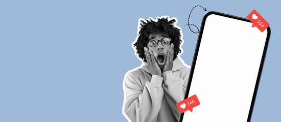 An individual with curly hair and glasses shows shock while looking at a smartphone displaying social media likes and comments. The scene is colorful and engaging, highlighting digital interaction.