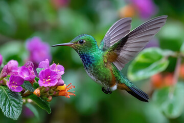 Fototapeta premium Hummingbird Hovering Near Purple Flowers in Nature