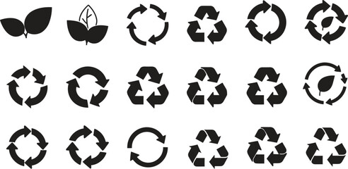 Diverse collection of black silhouette icons illustrating recycling and nature themes arrows
