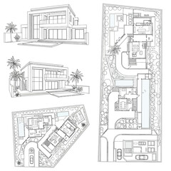 Architectural drawings of modern houses and floor plans