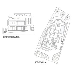 Architectural Drawings of Modern Villa Exterior and Site Plan