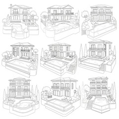 Architectural Line Drawings of Luxury Villas with Pools