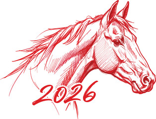 2026 horse sketch icon vector—stylized red illustration with flowing mane for celebration, strength, and artistic branding visuals 