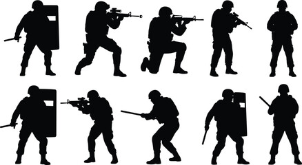 Tactical armed silhouette team in combat poses with weapons, shields, and gear for military, law enforcement, and defense design