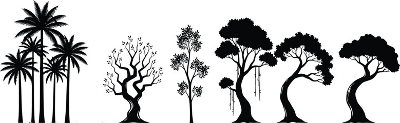 Tree silhouette vector set with palm, twisted trunk, canopy shapes, foliage styles for landscape, botanical, and nature-themed design. © Ashikur