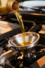 Car maintenance process with engine oil pouring into funnel during routine service