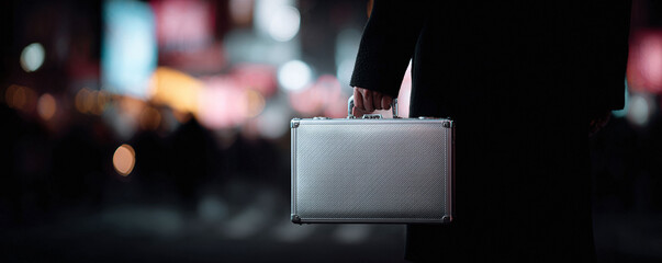 Secretive figure holding metal briefcase against a blurred cityscape at night. Symbol of mystery, finance, or espionage. Use for business, thriller themes.
