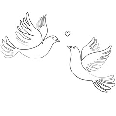 One continuous line drawing  of flying doves. Pigeons, bird outline vector illustration. Romantic, love wedding concept in simple line style. Symbol of peace, hope, freedom on white background.