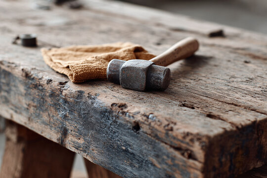Rustic still life on weathered wood a heavy hammer rests beside a soft cloth, suggesting craftsmanship, labor, or repair. Ideal for themes of vintage tools, DIY projects, and authentic workmanship.