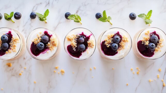 Delicious layered yogurt parfaits with blueberries and granola   - Powered by Adobe