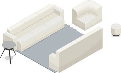 A sophisticated isometric vector illustration showcasing stylish coffee-colored sofas arranged around a sleek glass table. Every element isolated on a white background
