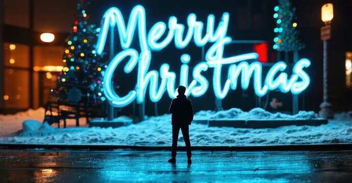 Silhouette views festive neon sign. Snowy street reflects bright holiday lights. Winter scene evokes joy, peace.