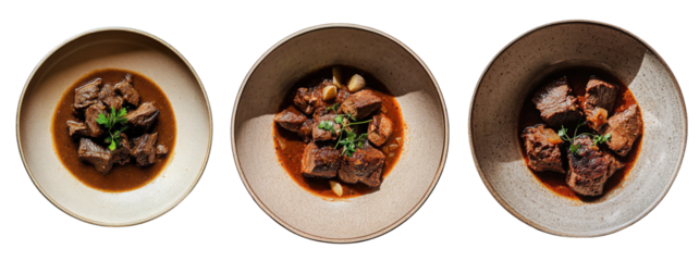 Delicious beef stew served in three stylish bowls  