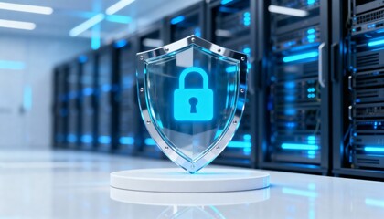 Cyber security concept. 3D glowing digital shield with padlock icon representing data protection on futuristic blurred technology background. Internet safety and network defense concept.