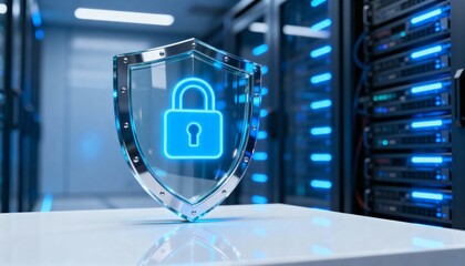 Cyber security concept. 3D glowing digital shield with padlock icon representing data protection on futuristic blurred technology background. Internet safety and network defense concept.