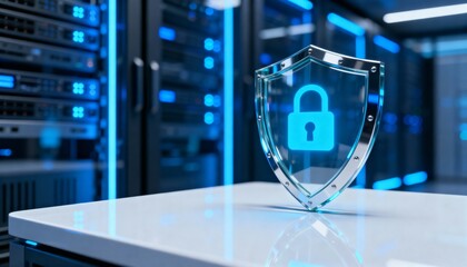 Cyber security concept. 3D glowing digital shield with padlock icon representing data protection on futuristic blurred technology background. Internet safety and network defense concept.
