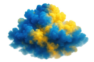 Fototapeta premium Colorful powder explosion creating blue and yellow smoke clouds, symbolizing support and unity on transparent background