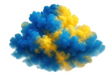 Colorful powder explosion creating blue and yellow smoke clouds, symbolizing support and unity on transparent background