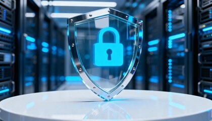 Cyber security concept. 3D glowing digital shield with padlock icon representing data protection on futuristic blurred technology background. Internet safety and network defense concept.