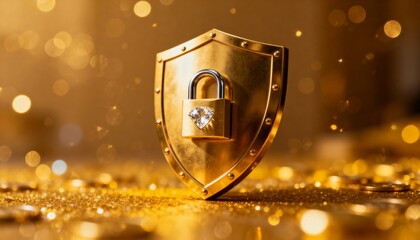 Cyber security concept. 3D glowing digital shield with padlock icon representing data protection on futuristic blurred technology background. Internet safety and network defense concept.